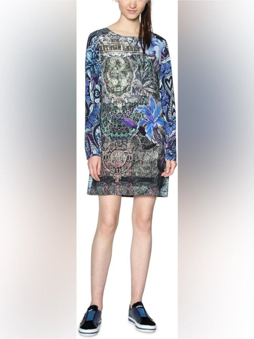 Desigual Raul Gothic Graphic Print Long Sleeve Shift Dress Multicolor 44 US L 14